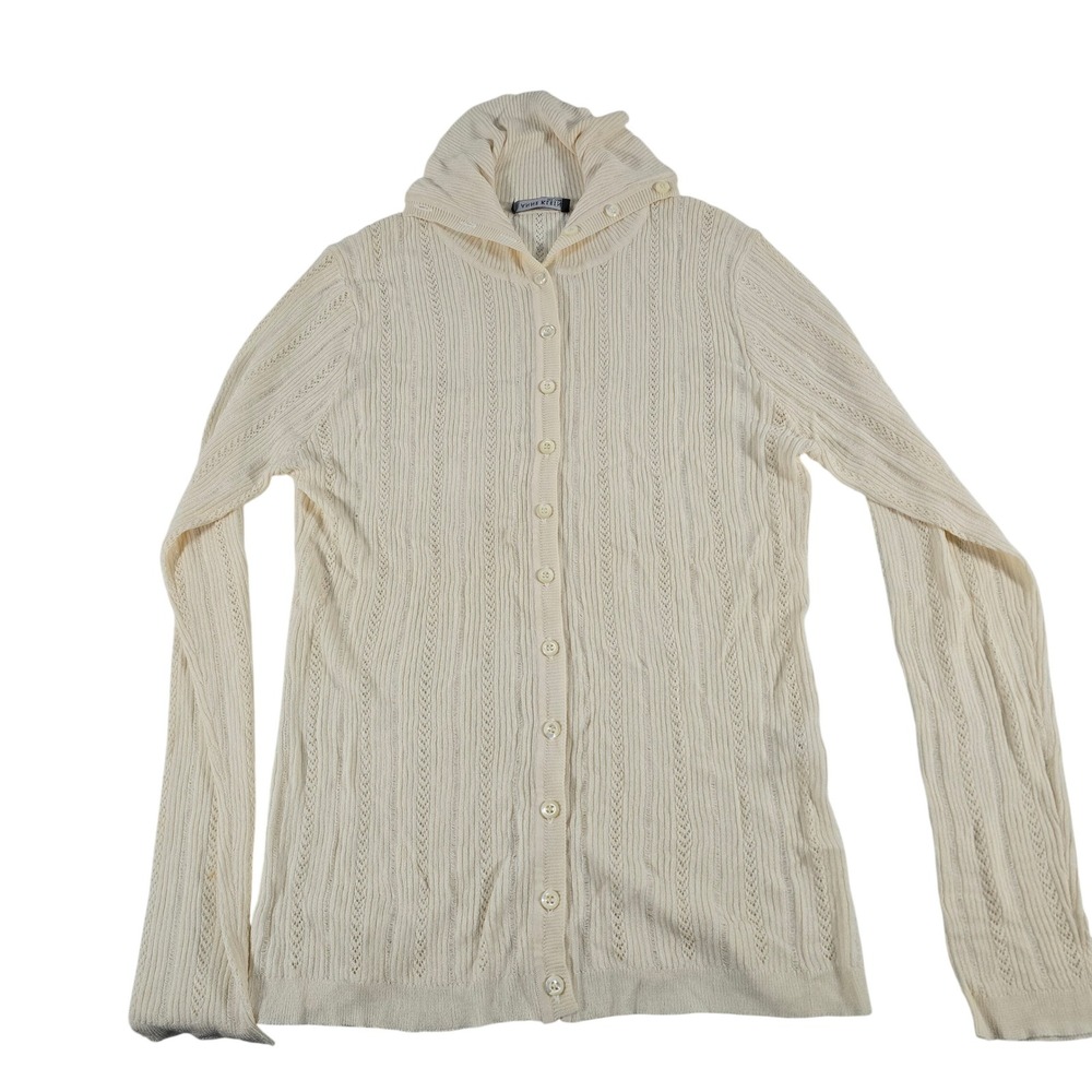 Anne Klein New York 100% Silk Pointelle Knit Cardigan Cream Ruffle Collar Small